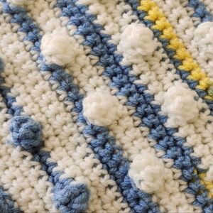 Crotchet Baby Blanket with Pom poms, White with Blue and Yellow Lines 26"×32"